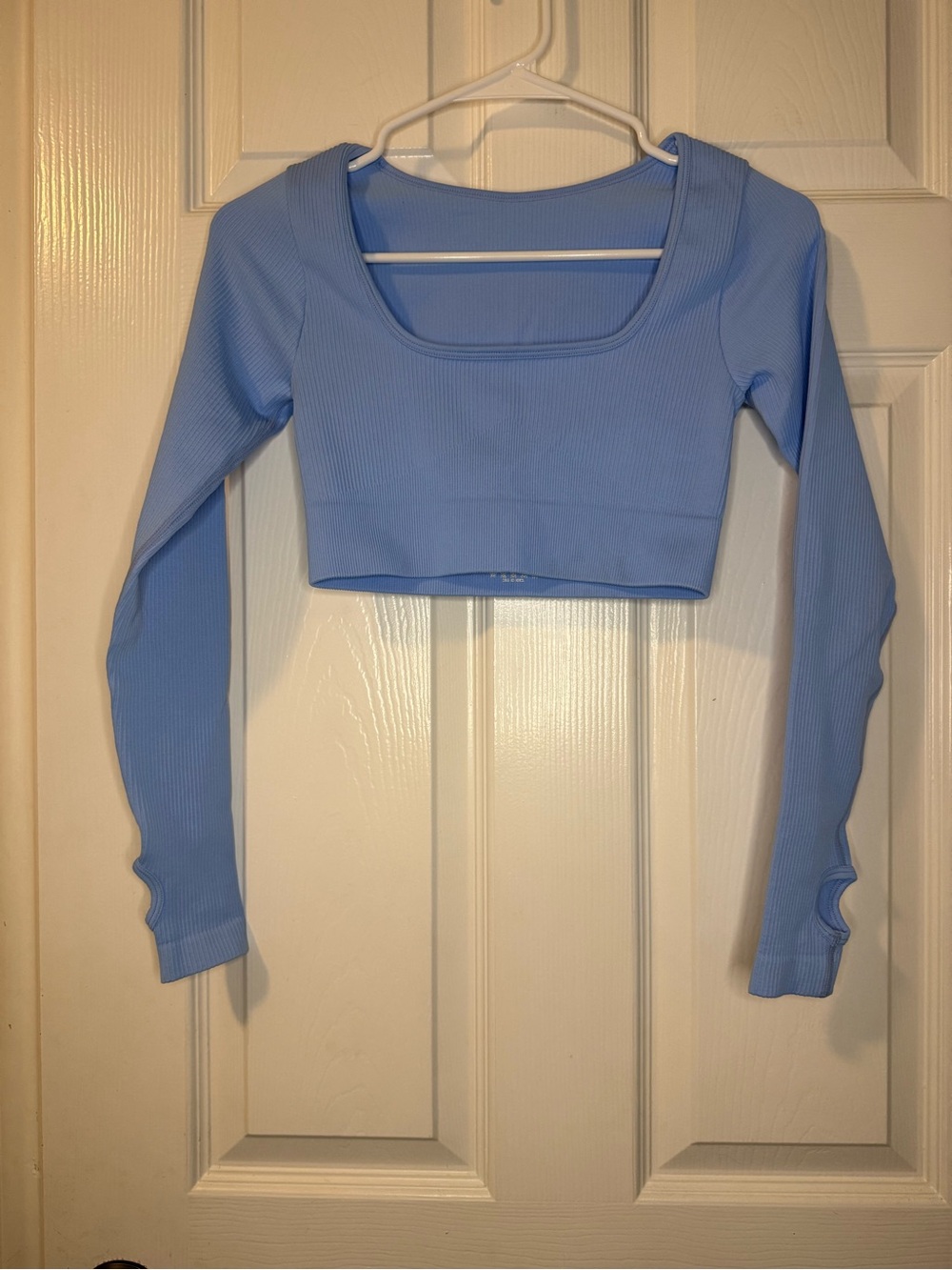 OQQ Ribbed Square-Neck Long Sleeve Crop Top in Sky Blue